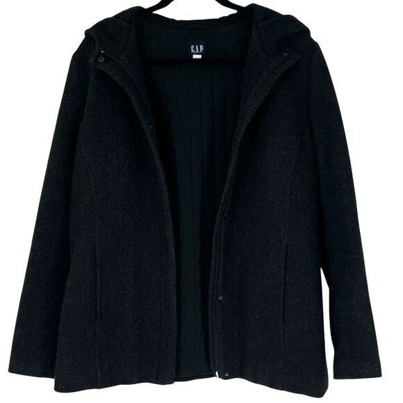 GAP Women’s Coat Size L Charcoal Hooded Recycled Wool Zip-Front Winter Jacket - Picture 14 of 16